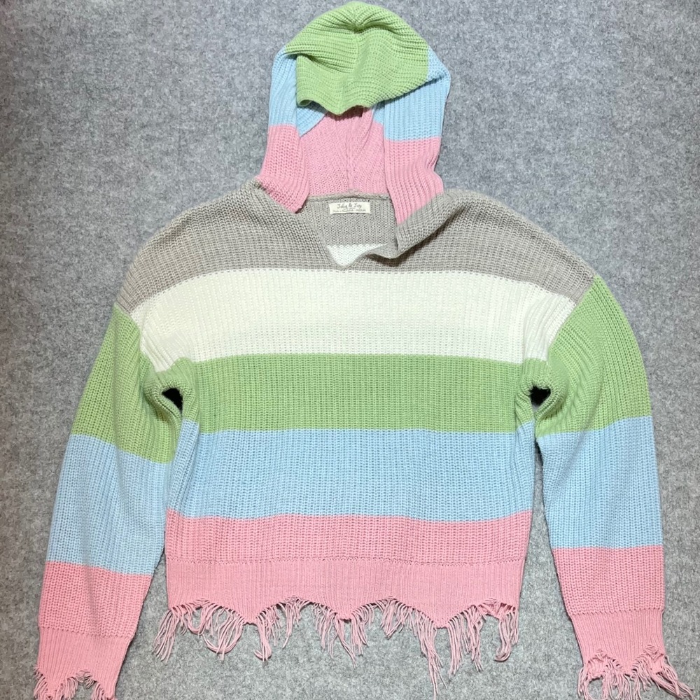 Jolie & Joy Pastel Striped Distressed Knit Hoodie Sweater Pink Blue Green M